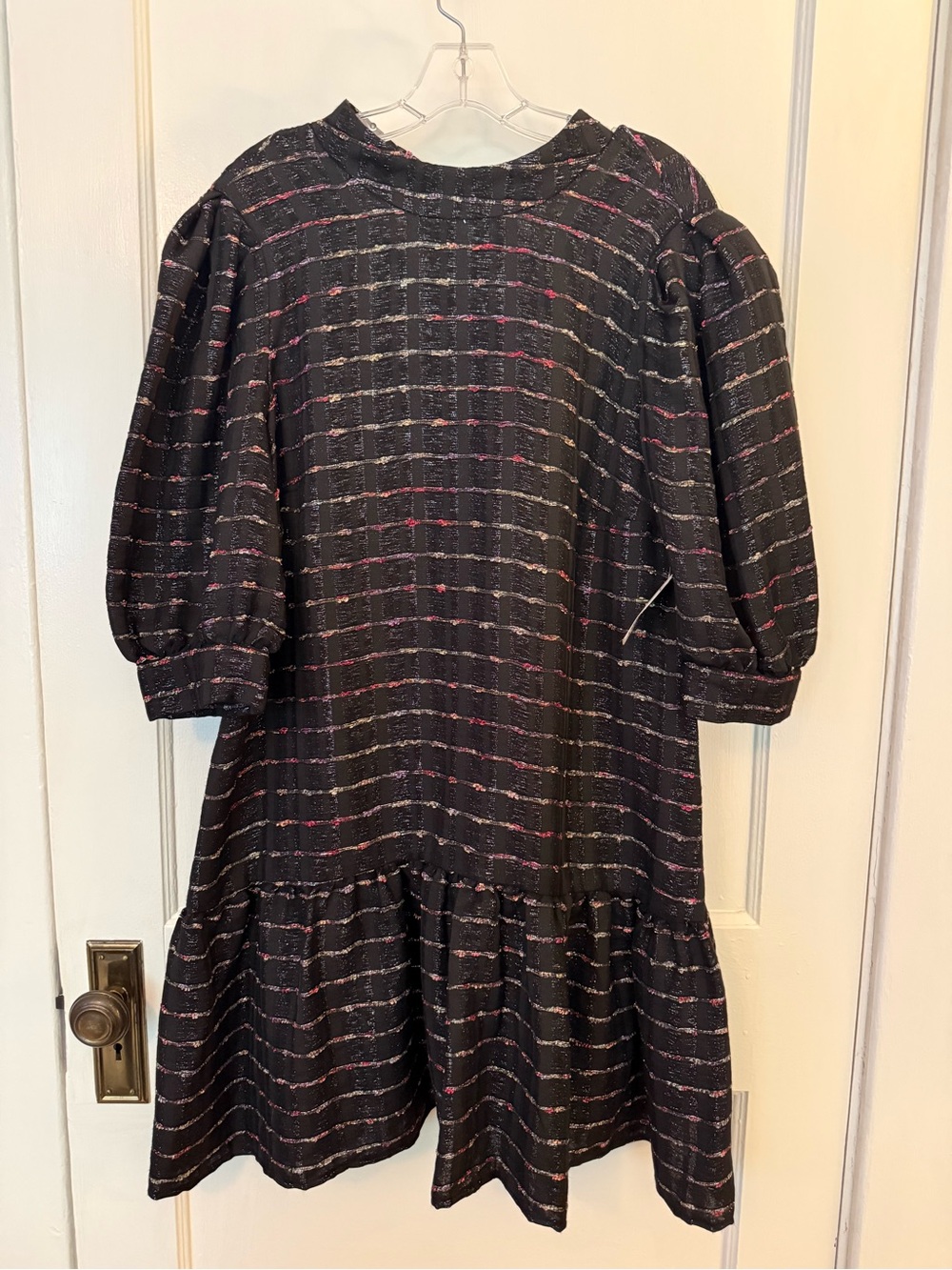 Fresha Black Puff Sleeve Dress with Multicolor Accent Stripes